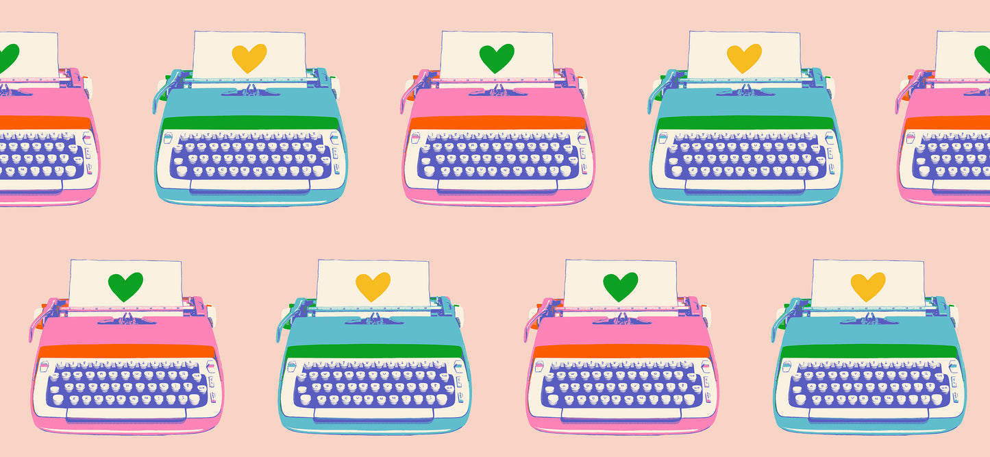 Pink fabric with vintage typewriters – Best Day Ever by Melody Miller Ruby Star Society