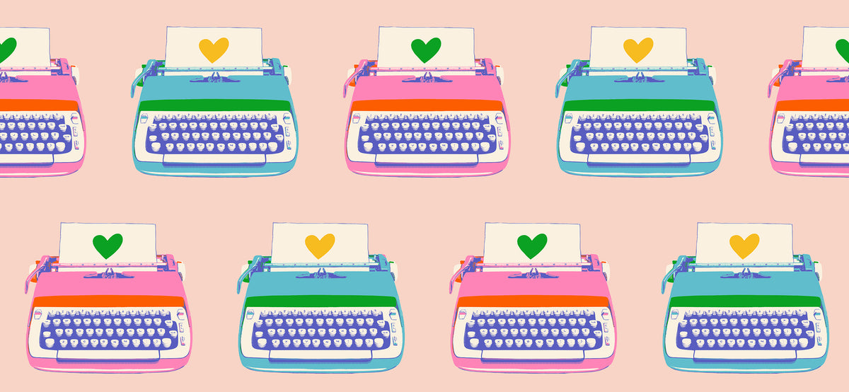 Pink fabric with vintage typewriters – Best Day Ever by Melody Miller Ruby Star Society