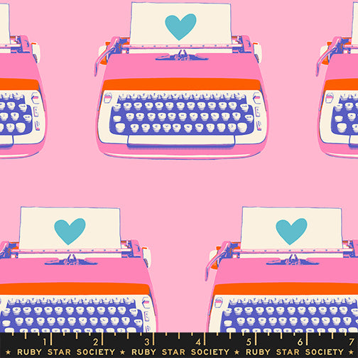 Bright pink fabric with typewriters – Best Day Ever by Melody Miller Ruby Star Society