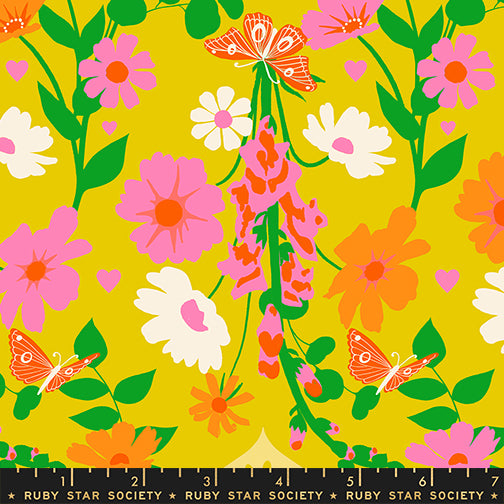 Golden yellow floral fabric with foxgloves – Best Day Ever by Melody Miller Ruby Star Society