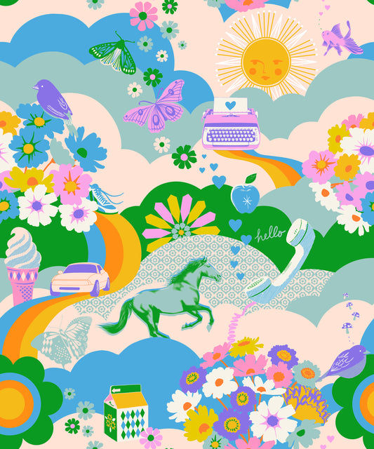 Green fabric with retro icons – Best Day Ever main print by Melody Miller Ruby Star Society