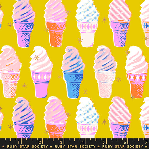 Yellow fabric with metallic ice cream cones – Best Day Ever by Melody Miller Ruby Star Society