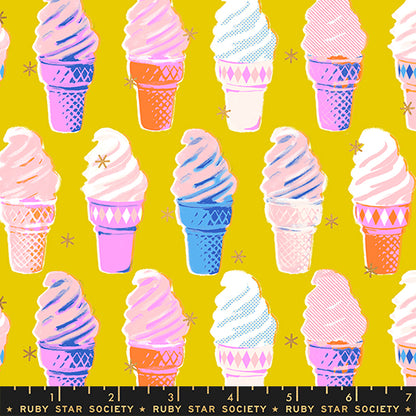 Yellow fabric with metallic ice cream cones – Best Day Ever by Melody Miller Ruby Star Society