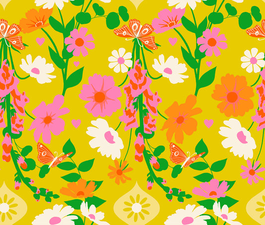 Golden yellow floral fabric with foxgloves – Best Day Ever by Melody Miller Ruby Star Society