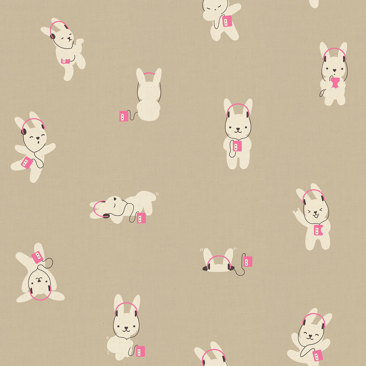 Rabbeats in Khaki Ruby Star Linen by Ruby Star Society — Bun. E the bunny with headphones and a cassette player on a soft greyed khaki ground
