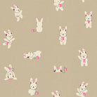 Rabbeats in Khaki Ruby Star Linen by Ruby Star Society — Bun. E the bunny with headphones and a cassette player on a soft greyed khaki ground