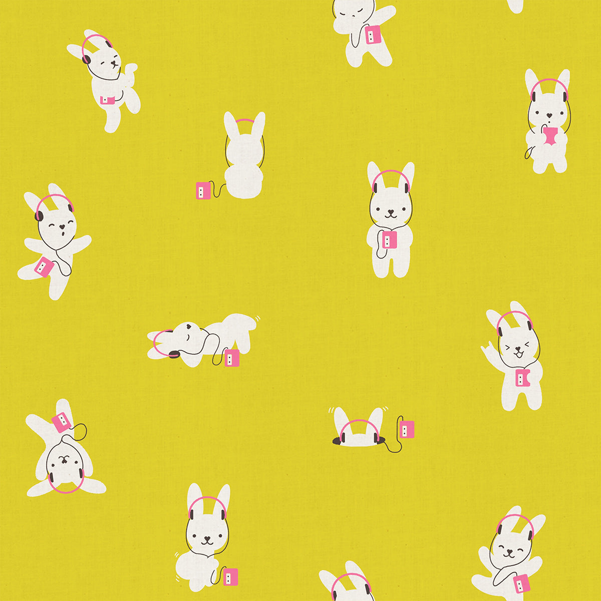 Rabbeats in Citron Ruby Star Linen by Ruby Star Society — Bun. E the bunny with headphones and a cassette player on a zingy chartreuse ground
