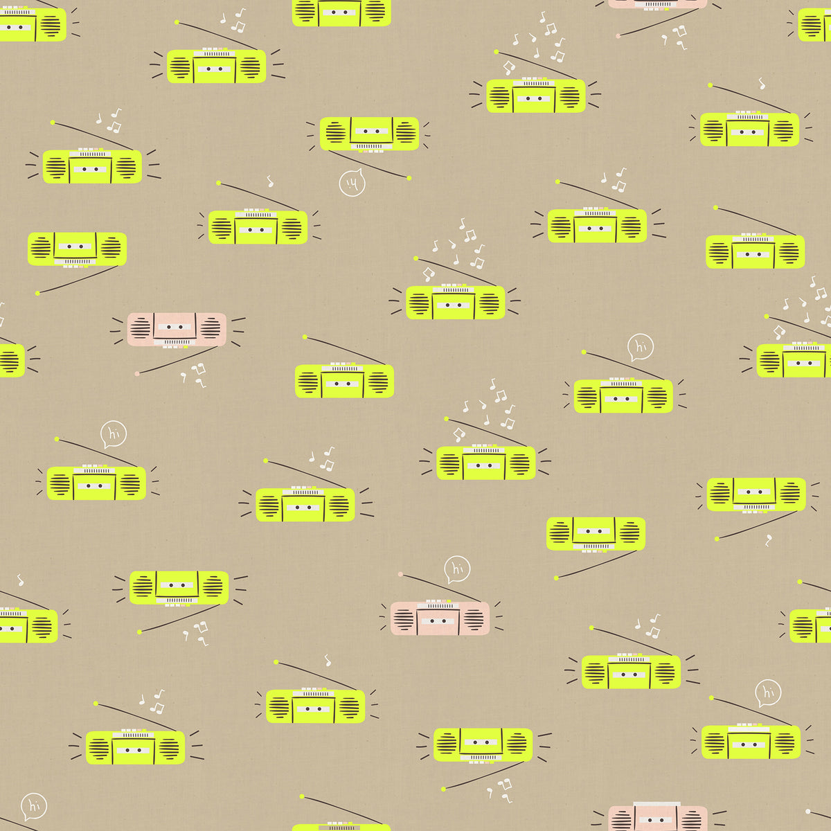 Boom in Khaki Ruby Star Linen by Ruby Star Society — boom boxes with neon green speakers on a soft greyed khaki ground