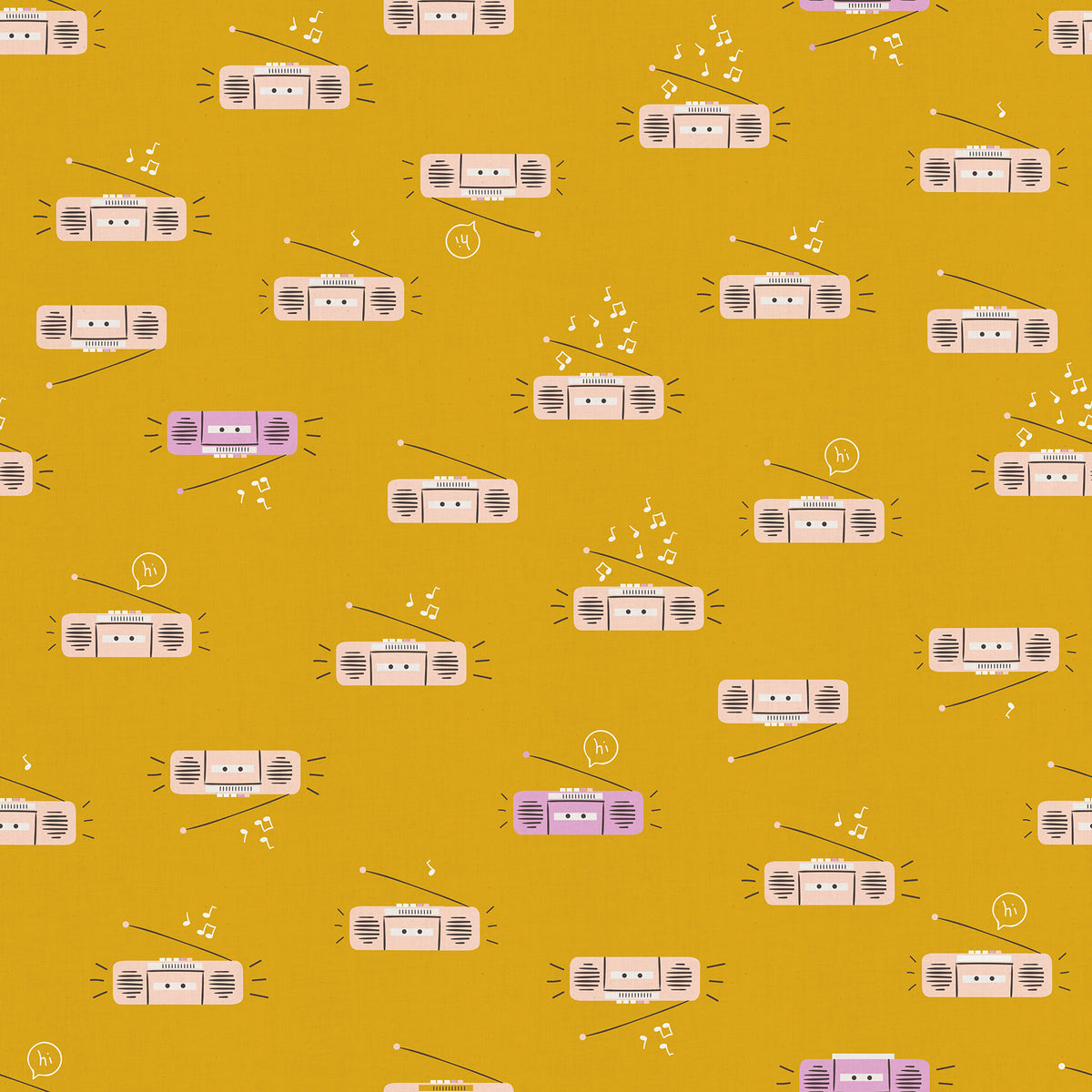 Boom in Cactus Ruby Star Linen by Ruby Star Society — boom boxes with aerials up on a deep golden mustard ground