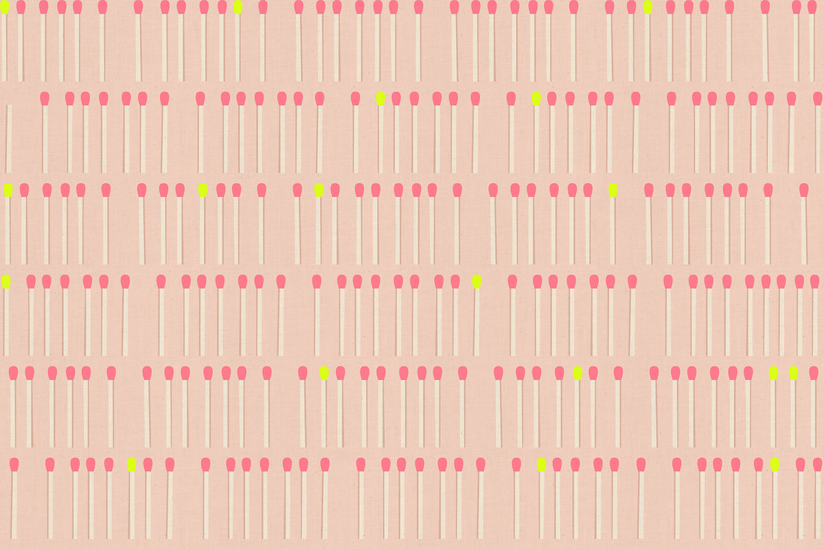 Meet Your Match in Peach Blossom Ruby Star Linen by Ruby Star Society — rows of matchsticks with neon tips on a soft blush peach ground