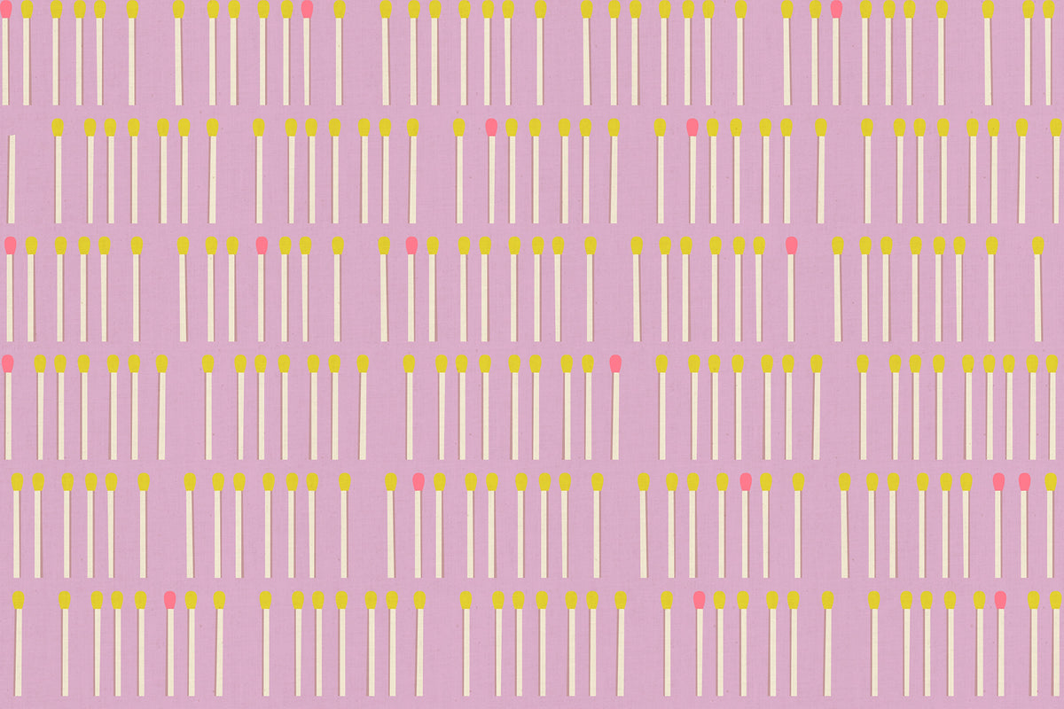 Meet Your Match in Wisteria Ruby Star Linen by Ruby Star Society — rows of cream matchsticks with neon tips on a soft lilac-mauve ground