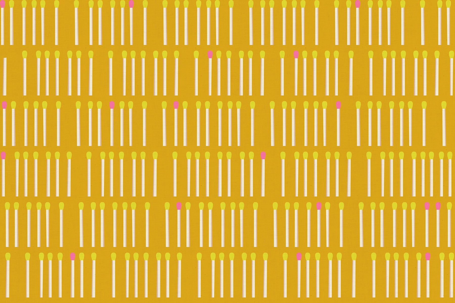 Meet Your Match in Cactus Ruby Star Linen by Ruby Star Society — rows of cream matchsticks with neon tips on a deep golden mustard ground