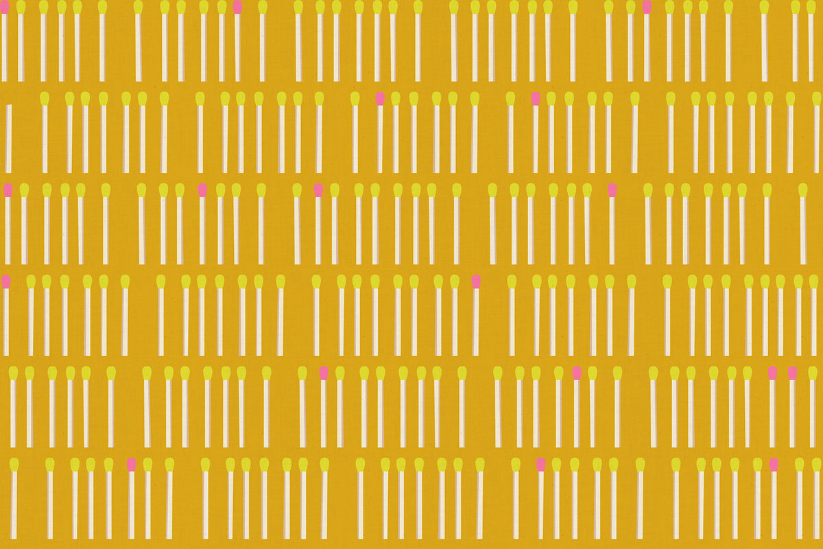 Meet Your Match in Cactus Ruby Star Linen by Ruby Star Society — rows of cream matchsticks with neon tips on a deep golden mustard ground