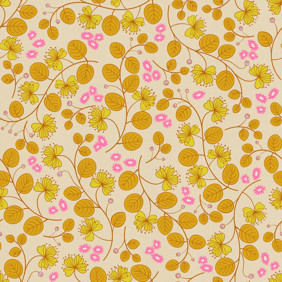Caper Floral in Parchment Ruby Star Linen by Ruby Star Society — trailing leafy vines with neon pink blossoms on a warm cream ground