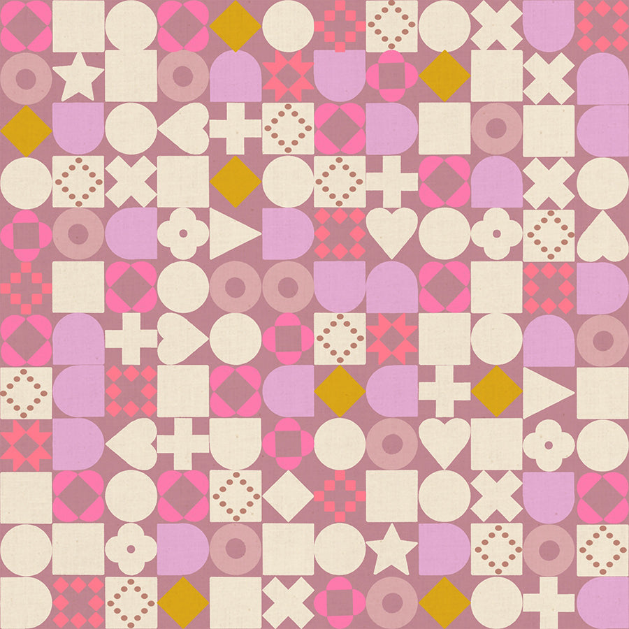 Blocked in Lilac Ruby Star Linen by Ruby Star Society — a grid of small geometric blocks, circles and triangles and crosses, on soft lilac