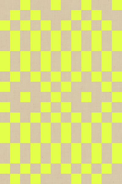 Bitmapped in Neon Yellow Ruby Star Linen by Ruby Star Society — a pixelated checkerboard in neon yellow over soft grey-mauve