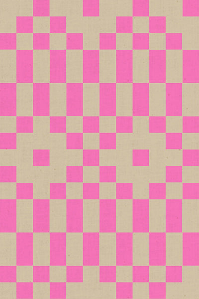 Bitmapped in Neon Pink Ruby Star Linen by Ruby Star Society — a pixelated checkerboard in hot neon pink over soft warm grey
