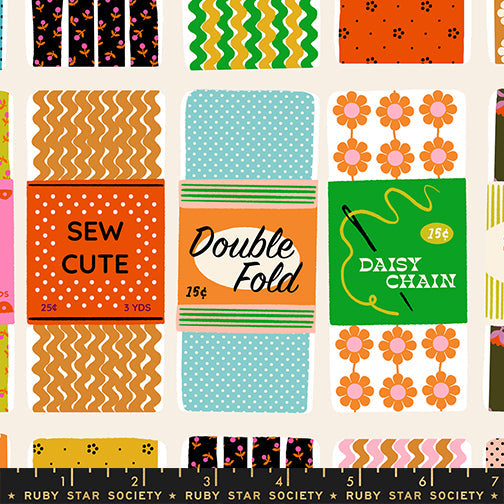 Sew Cute in Shell quilting cotton by Ruby Star Society — the collection's big feature print on a soft blush pink — pattern repeat