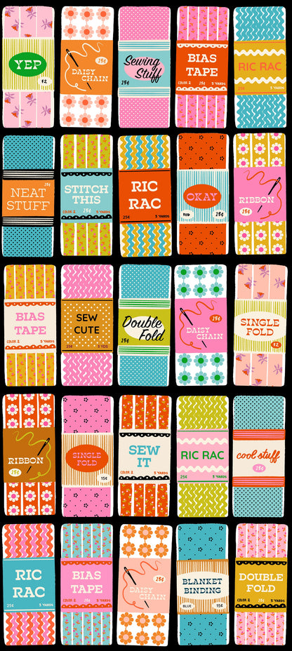 Sew Cute in Soft Black quilting cotton by Ruby Star Society — the collection's big feature print on Ruby Star's signature soft black