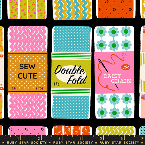 Sew Cute in Soft Black quilting cotton by Ruby Star Society — the collection's big feature print on Ruby Star's signature soft black — pattern repeat