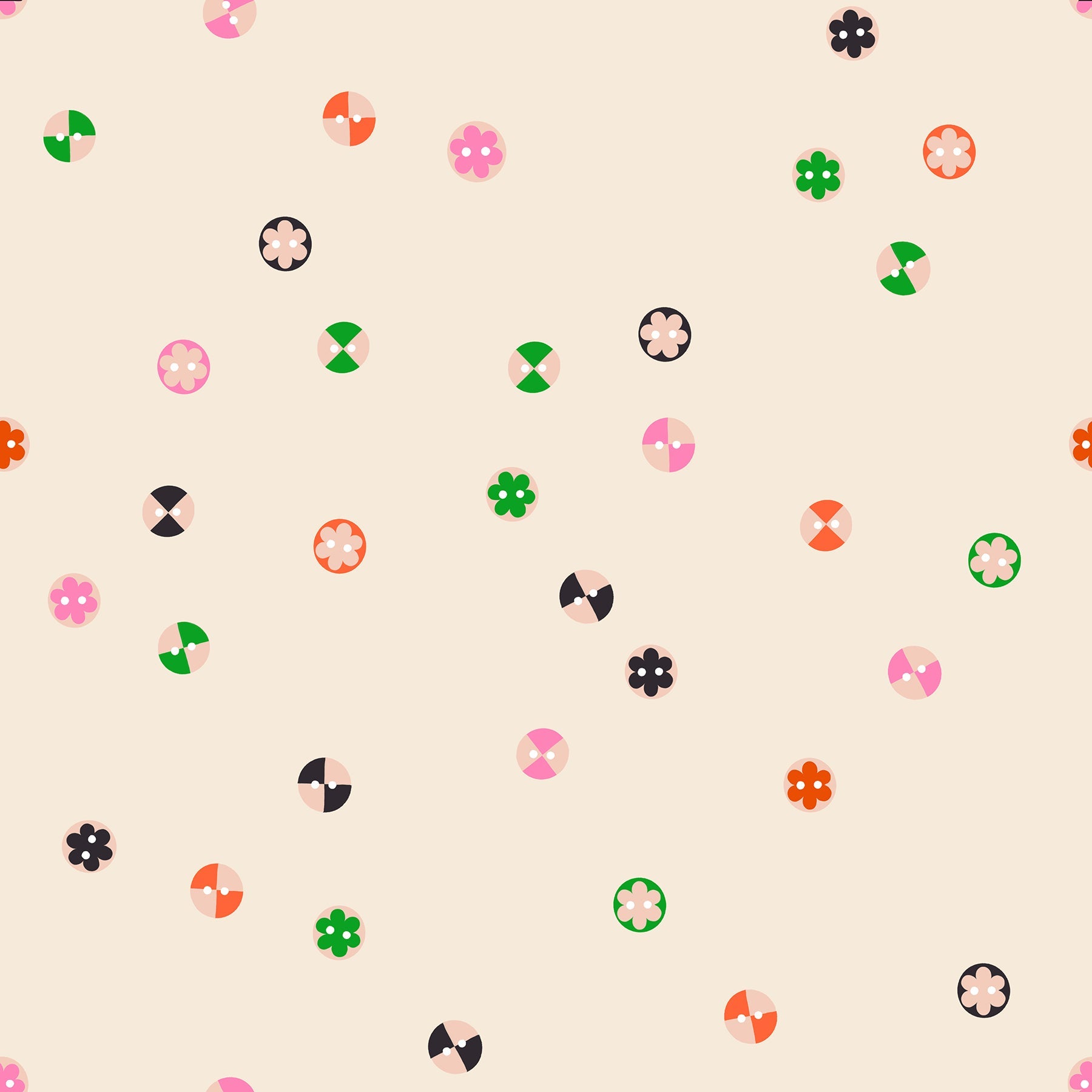 Buttons in Shell quilting cotton by Ruby Star Society — a cheerful scatter of buttons in every shape and shade on a soft blush pink