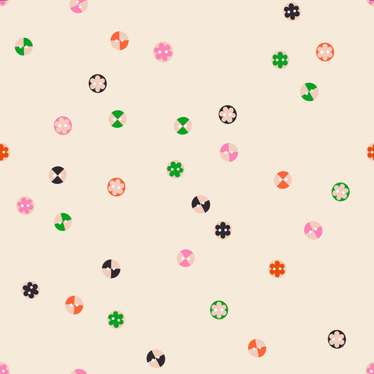 Buttons in Shell quilting cotton by Ruby Star Society — a cheerful scatter of buttons in every shape and shade on a soft blush pink