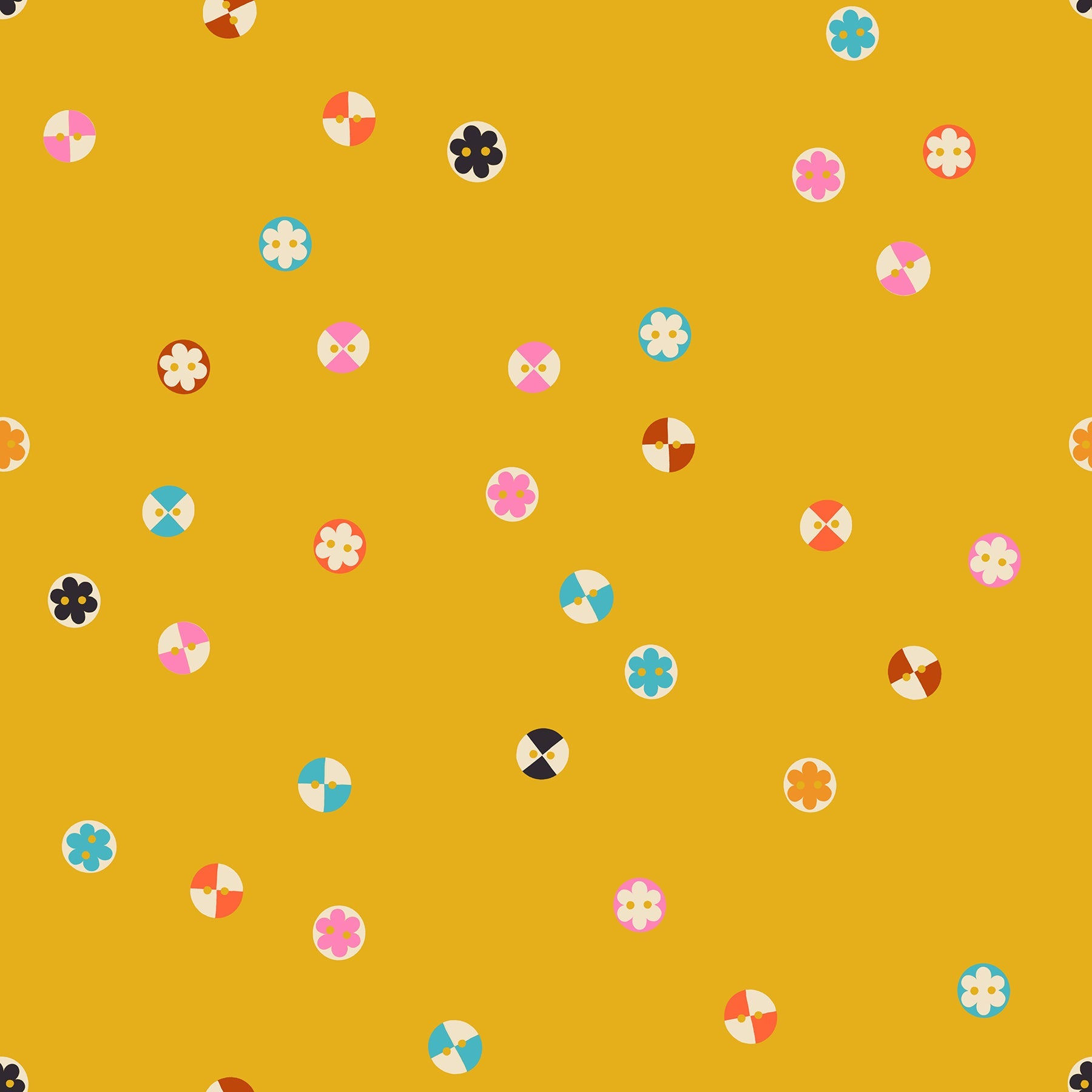 Buttons in Goldenrod quilting cotton by Ruby Star Society — a cheerful scatter of buttons in every shape and shade on a deep golden yellow