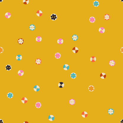 Buttons in Goldenrod quilting cotton by Ruby Star Society — a cheerful scatter of buttons in every shape and shade on a deep golden yellow