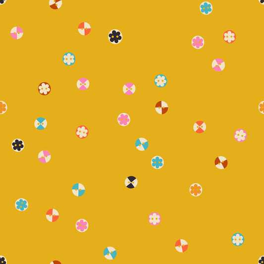 Buttons in Goldenrod quilting cotton by Ruby Star Society — a cheerful scatter of buttons in every shape and shade on a deep golden yellow