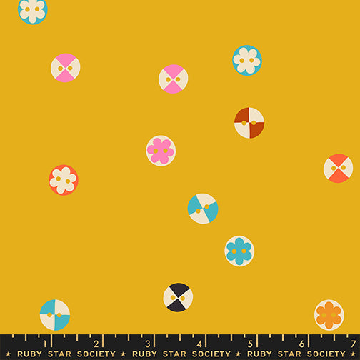 Buttons in Goldenrod quilting cotton by Ruby Star Society — a cheerful scatter of buttons in every shape and shade on a deep golden yellow — pattern repeat