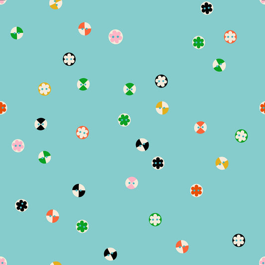 Buttons in Cloudless quilting cotton by Ruby Star Society — a cheerful scatter of buttons in every shape and shade on a clear sky blue