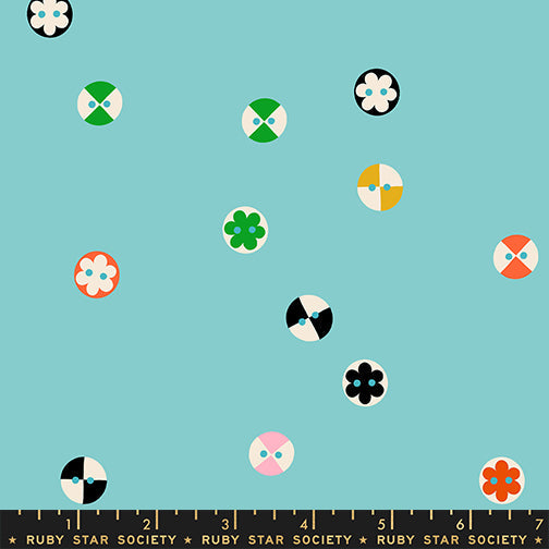 Buttons in Cloudless quilting cotton by Ruby Star Society — a cheerful scatter of buttons in every shape and shade on a clear sky blue — pattern repeat