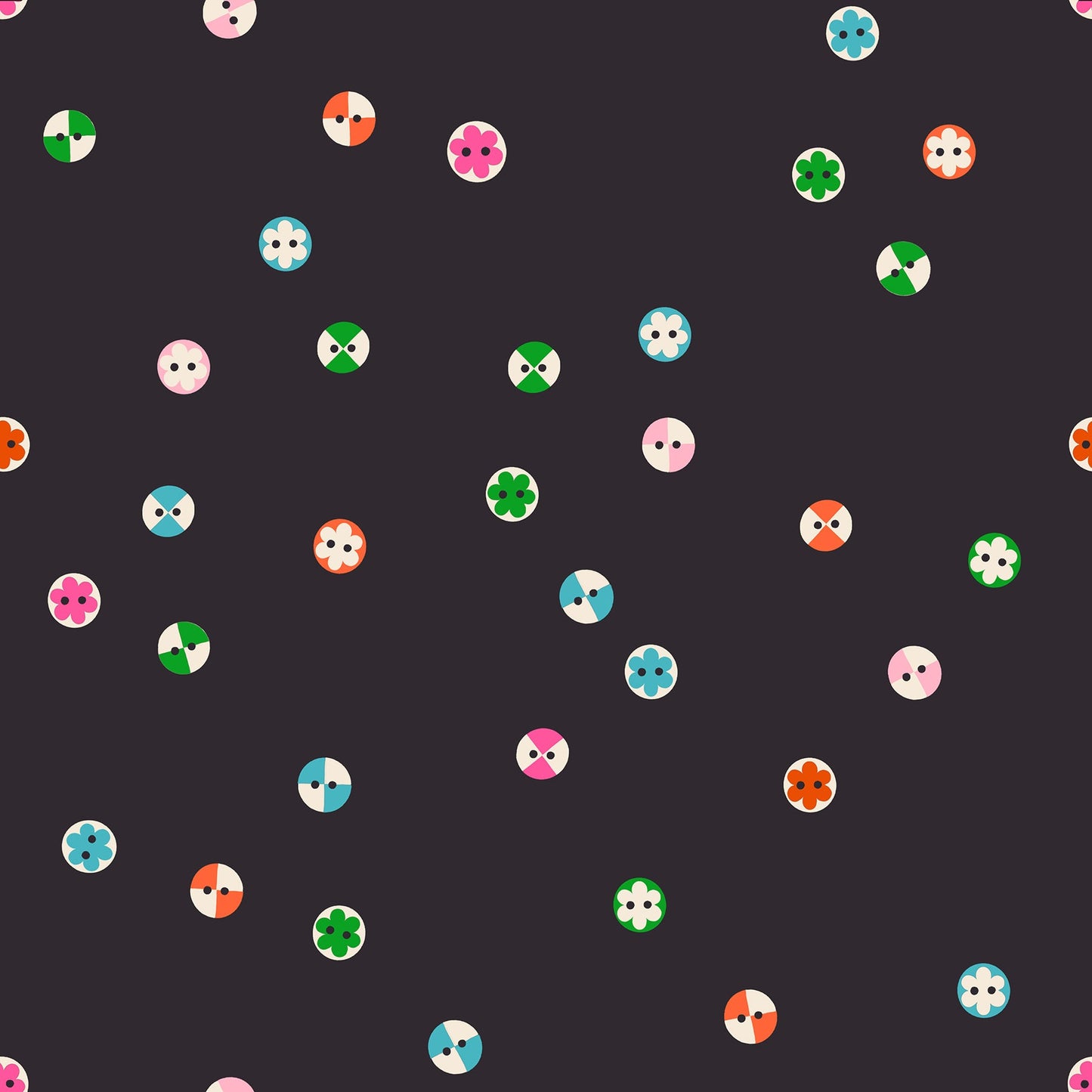 Buttons in Soft Black quilting cotton by Ruby Star Society — a cheerful scatter of buttons in every shape and shade on Ruby Star's signature soft black