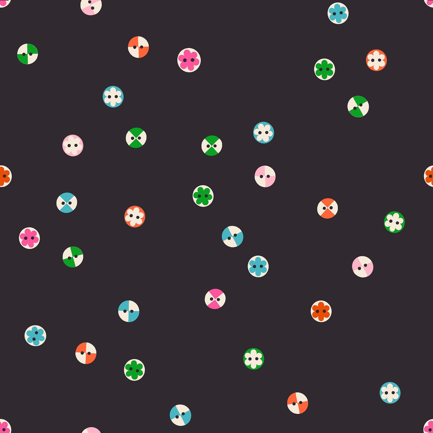 Buttons in Soft Black quilting cotton by Ruby Star Society — a cheerful scatter of buttons in every shape and shade on Ruby Star's signature soft black