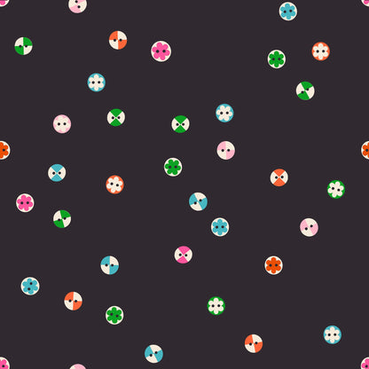 Buttons in Soft Black quilting cotton by Ruby Star Society — a cheerful scatter of buttons in every shape and shade on Ruby Star's signature soft black