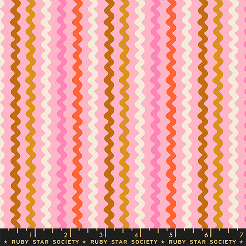 Ric Rac in Posy quilting cotton by Ruby Star Society — wavy little rows of ric rac braid marching across the cloth on a warm pink — pattern repeat