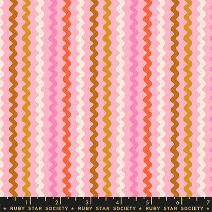 Ric Rac in Posy quilting cotton by Ruby Star Society — wavy little rows of ric rac braid marching across the cloth on a warm pink — pattern repeat