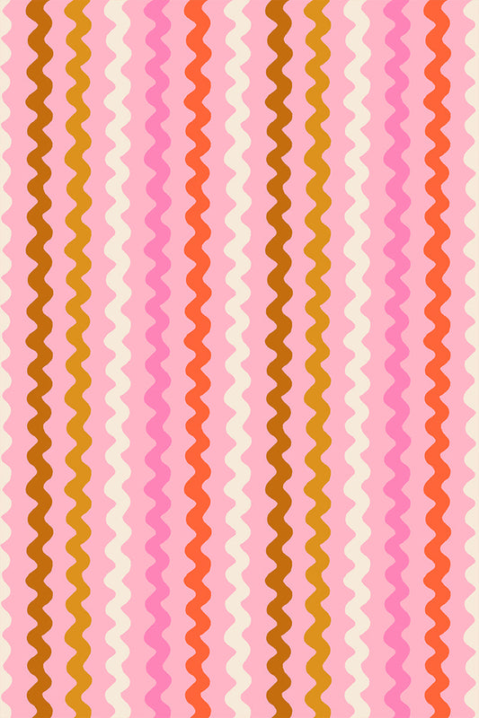 Ric Rac in Posy quilting cotton by Ruby Star Society — wavy little rows of ric rac braid marching across the cloth on a warm pink