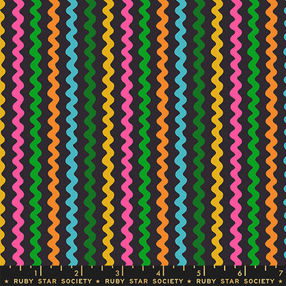 Ric Rac in Soft Black quilting cotton by Ruby Star Society — wavy little rows of ric rac braid marching across the cloth on Ruby Star's signature soft black — pattern repeat