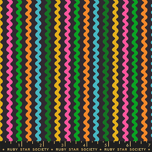 Ric Rac in Soft Black quilting cotton by Ruby Star Society — wavy little rows of ric rac braid marching across the cloth on Ruby Star's signature soft black — pattern repeat