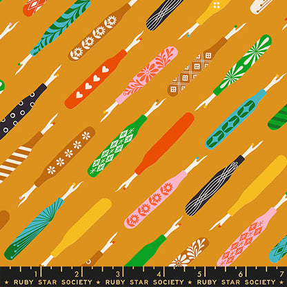 Seam Rippers in Honey quilting cotton by Ruby Star Society — tossed seam rippers on a golden honey yellow — pattern repeat