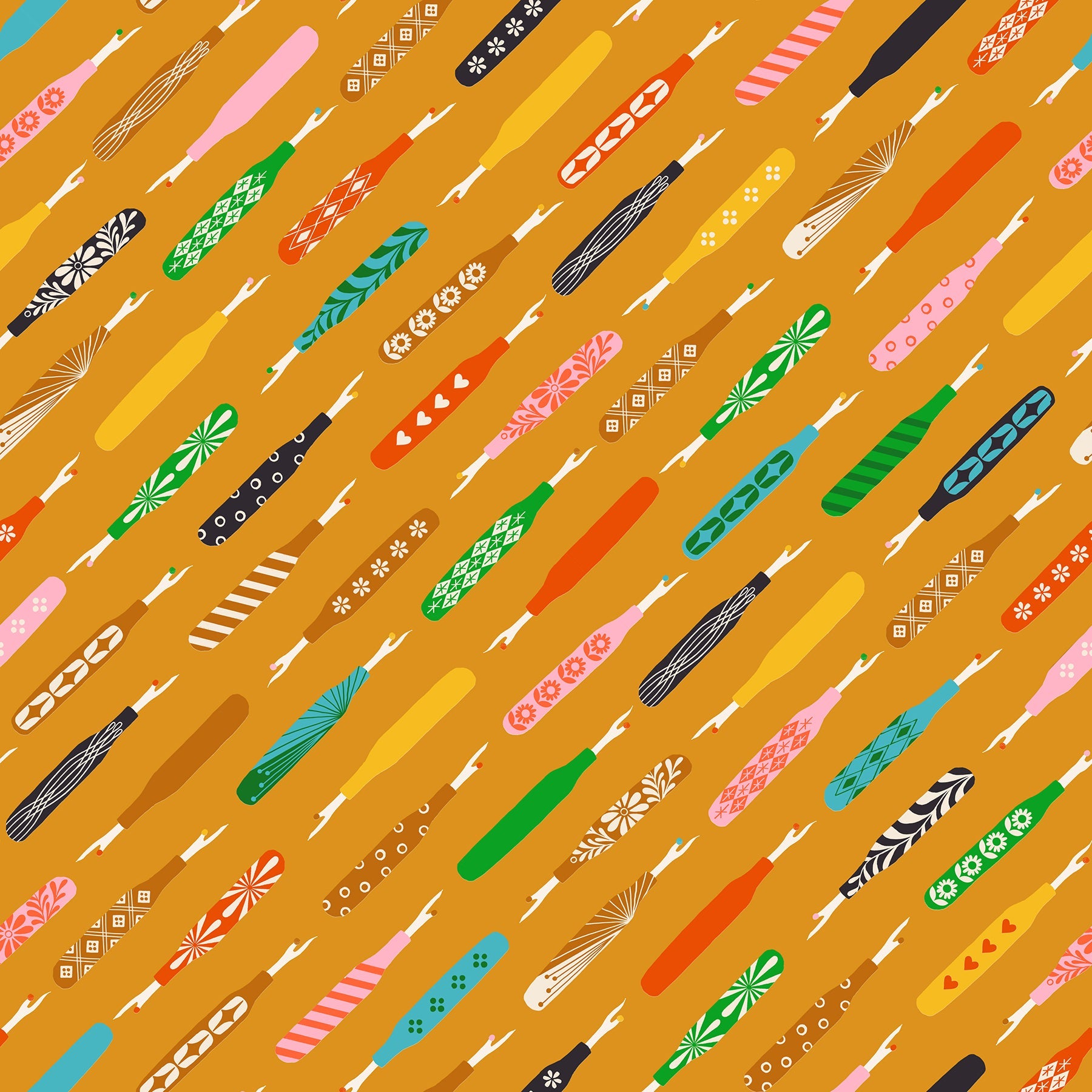 Seam Rippers in Honey quilting cotton by Ruby Star Society — tossed seam rippers on a golden honey yellow