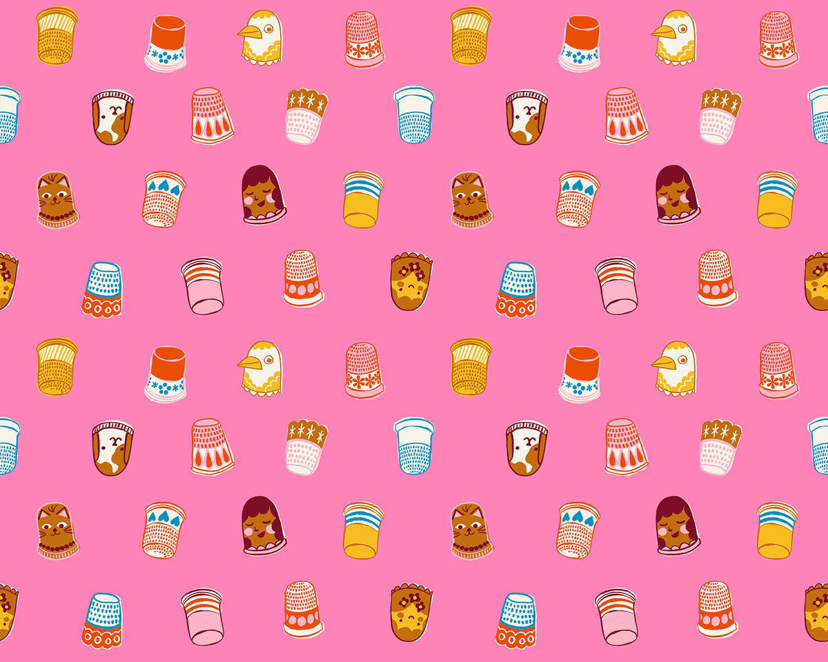 Thimbles in Flamingo quilting cotton by Ruby Star Society — thimbles tumbling every which way in bright on a vivid flamingo pink