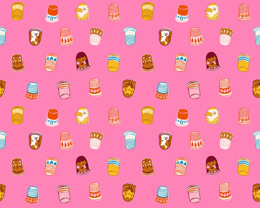 Thimbles in Flamingo quilting cotton by Ruby Star Society — thimbles tumbling every which way in bright on a vivid flamingo pink
