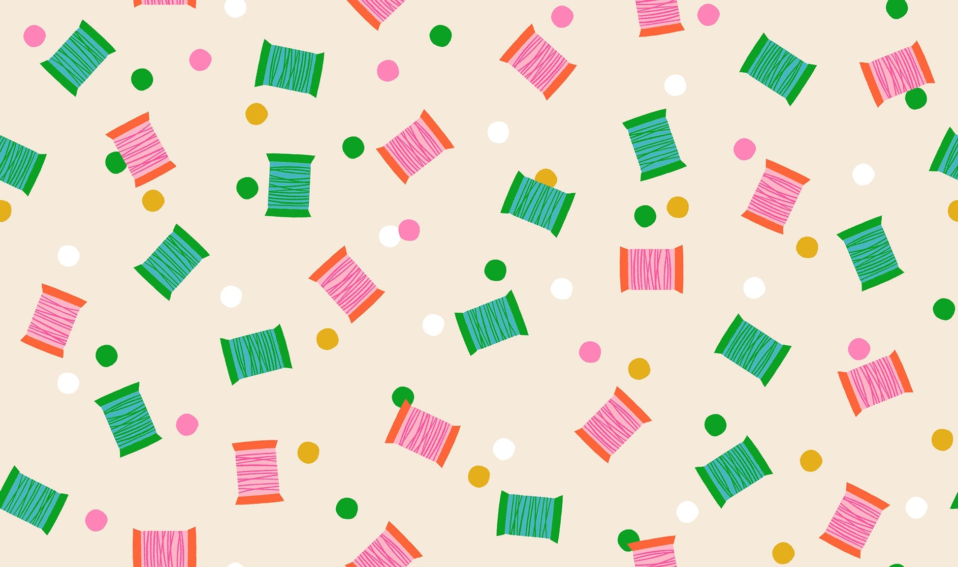 Spools in Shell quilting cotton by Ruby Star Society — spools of thread tossed across the cloth in a rainbow of colours on a soft blush pink