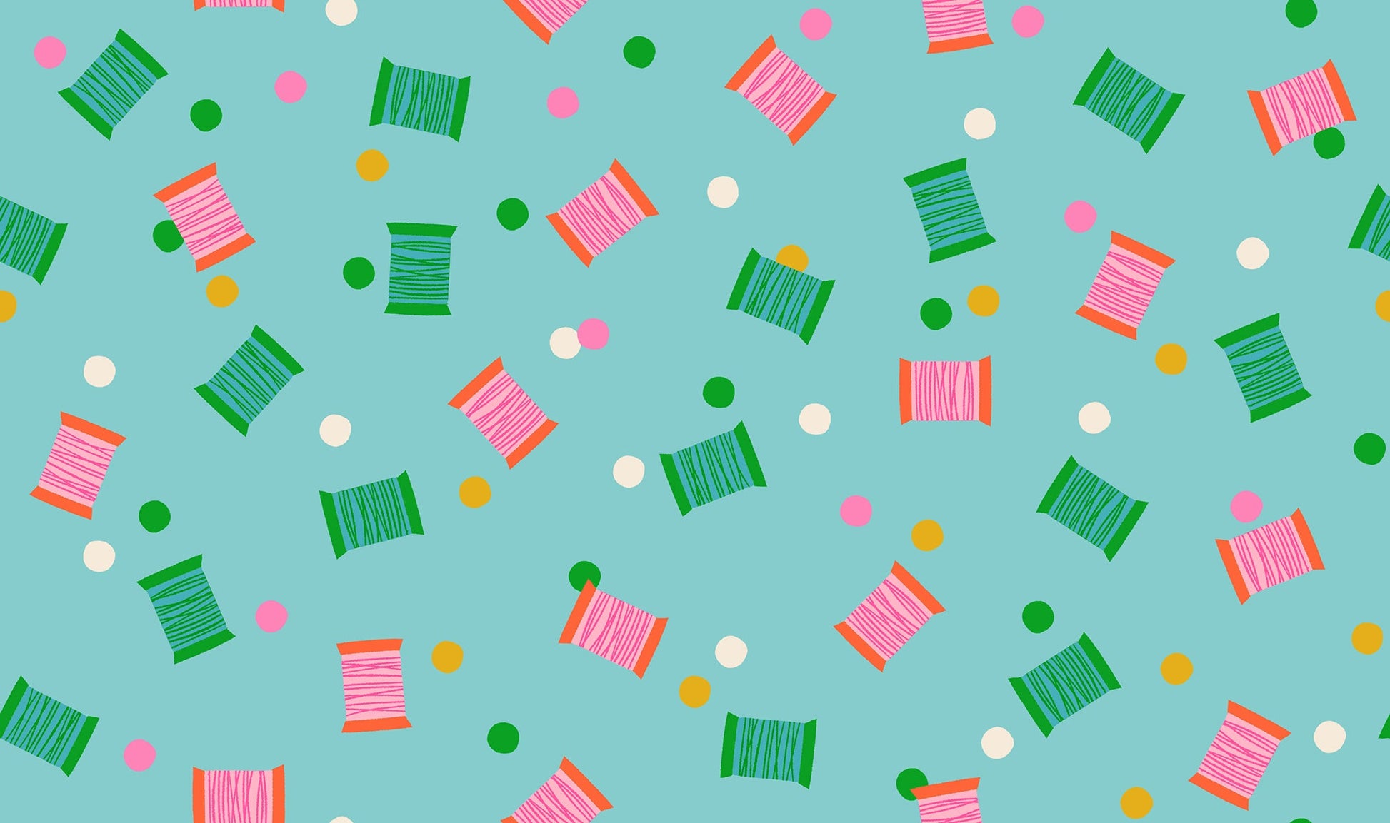Spools in Cloudless quilting cotton by Ruby Star Society — spools of thread tossed across the cloth in a rainbow of colours on a clear sky blue