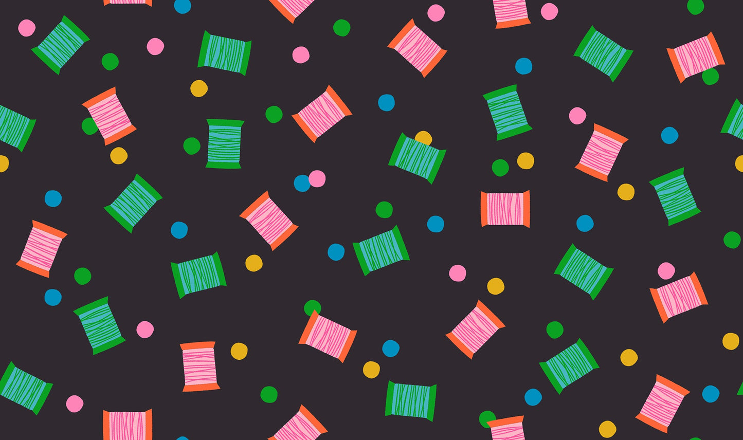 Spools in Soft Black quilting cotton by Ruby Star Society — spools of thread tossed across the cloth in a rainbow of colours on Ruby Star's signature soft black