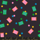 Spools in Soft Black quilting cotton by Ruby Star Society — spools of thread tossed across the cloth in a rainbow of colours on Ruby Star's signature soft black — pattern repeat