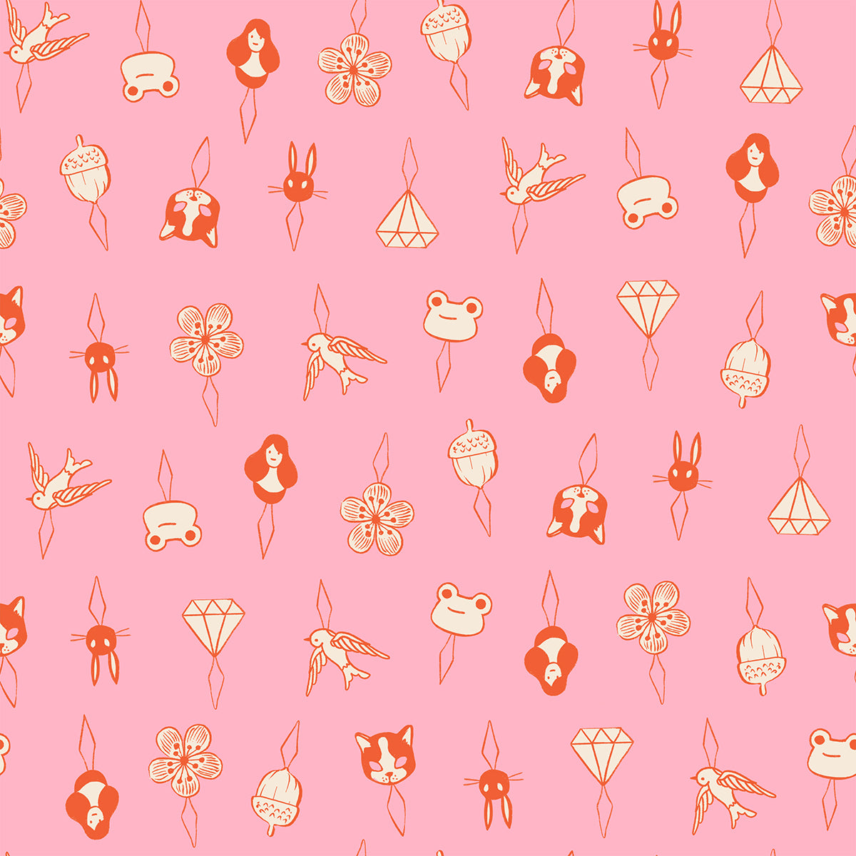 Thread Charms in Posy quilting cotton by Ruby Star Society — tiny thread charms on a warm pink