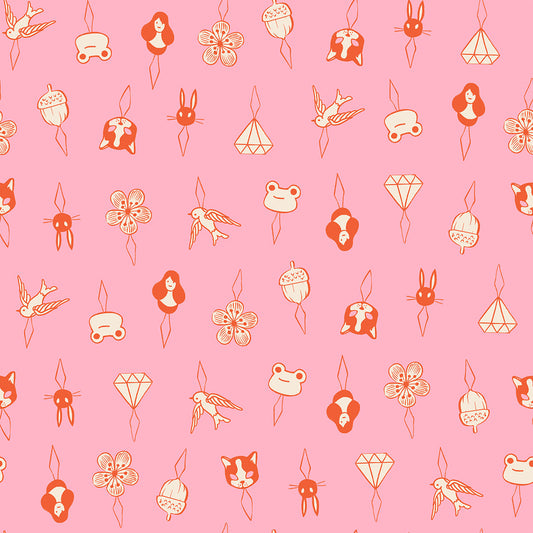 Thread Charms in Posy quilting cotton by Ruby Star Society — tiny thread charms on a warm pink